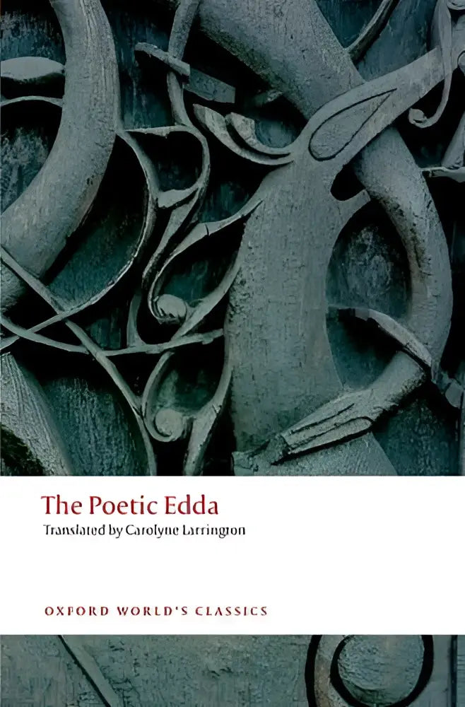 Het poëtische edda boek met een donker textuur en ingewikkeld noors knoopwerk op een crèmekleurige band
