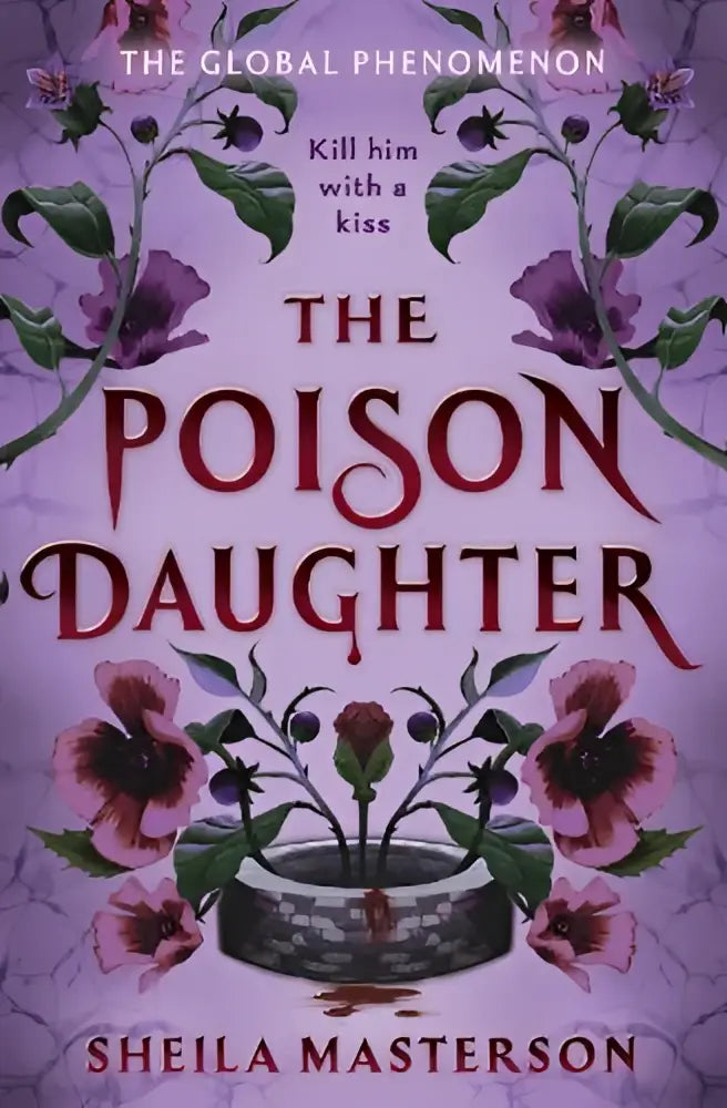 De poison daughter boekomslag toont een paars en zwart bloemenpatroon met donkerrode tekst voor the poison daughter