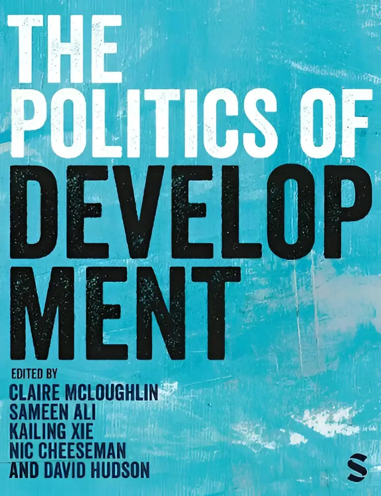 De politiek van ontwikkeling boek omslag met opvallende zwarte en witte tekst op een getextureerde turquoise achtergrond
