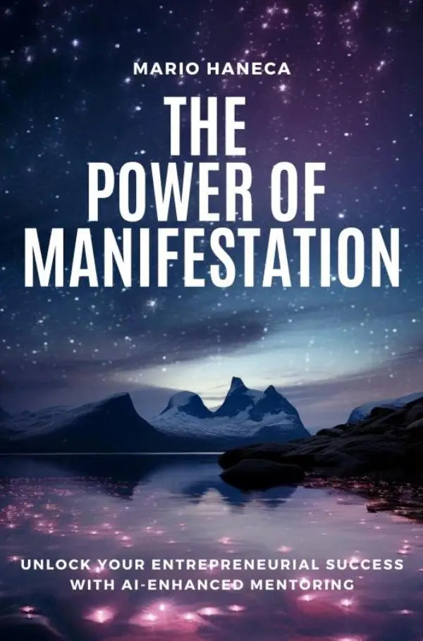 The power of manifestation book by mario haneca features a starry night sky and snow-capped mountains to unlock your entrepreneurial success