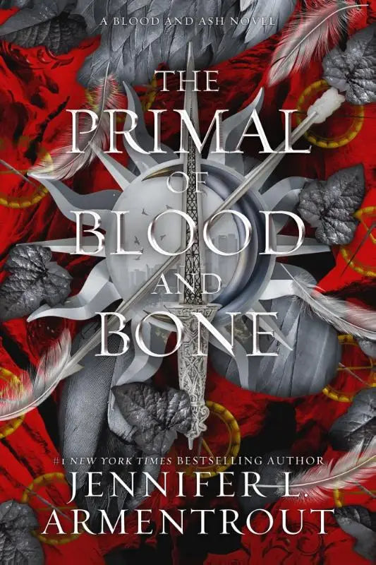 De cover van the primal of blood and bone boek toont een rood ontwerp met zilvergrijze veren, pijlen en zwaarden in blood and ash stijl