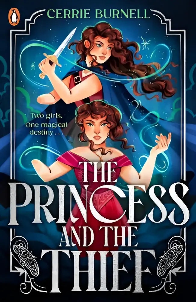 The princess and the thief boekomslag met twee geïllustreerde meisjes tegen een diepblauwe sterrijke achtergrond