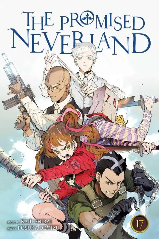 The promised neverland volume 17 manga cover showing five characters in dynamic poses during the imperial captial battle