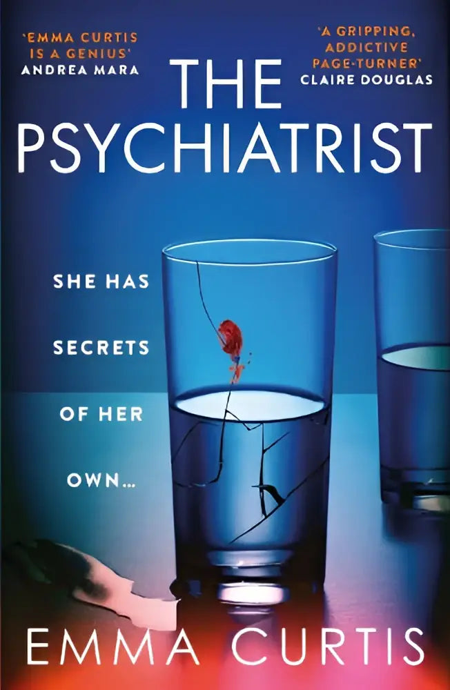 The psychiatrist book cover with bold white title and two blue glass cups one holding a red spider looks brand new chillingly gripping thriller