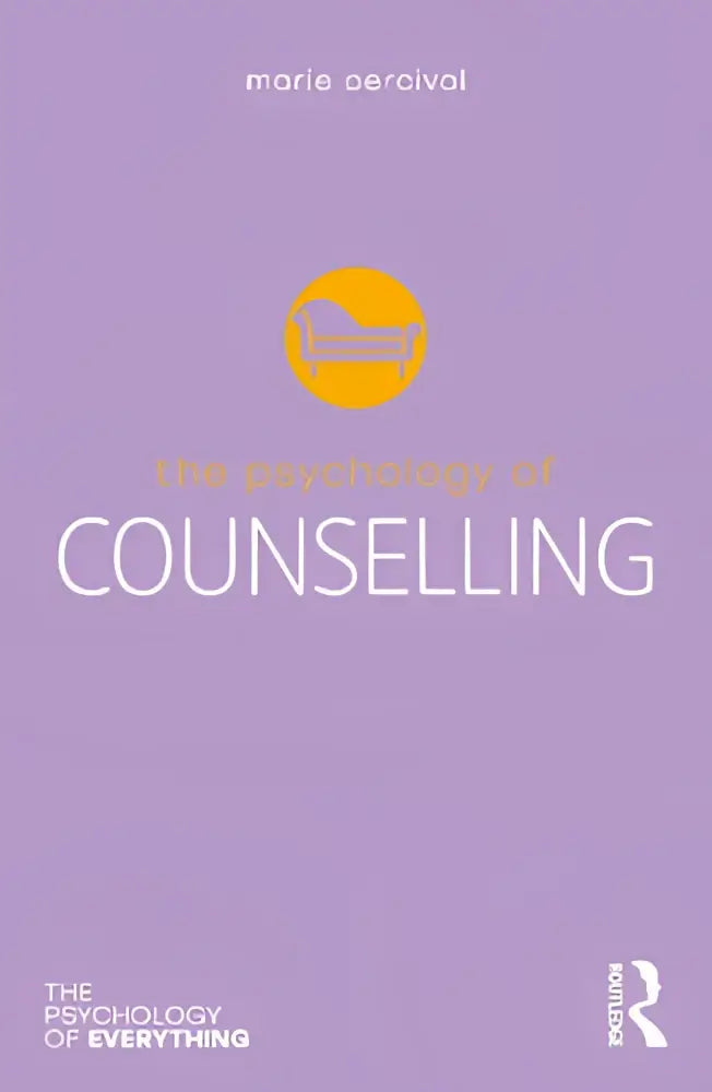 Paarse boekomslag van the psychology of counselling door marie percival met witte tekst en geel rond logo