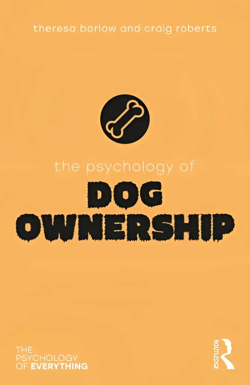 Oranjekleurige boekomslag met de titel the psychology of dog ownership en een zwarte bot icoon boven de tekst