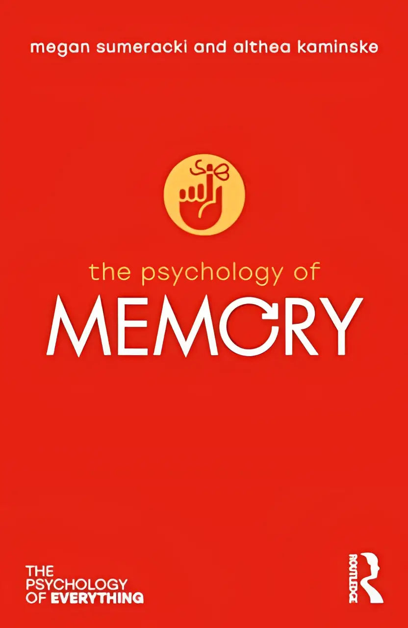 Rode boekomslag van the psychology of memory met witte tekst en een cirkelvormig logo van een hand die een sleutel vasthoudt