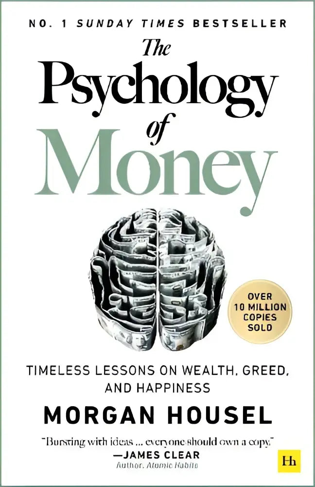 De psychologie van geld boekomslag met een gedetailleerde zwart-wit illustratie van een hersenstructuur voor lessen over rijkdom en geluk