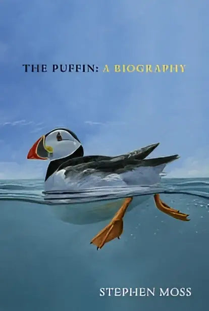 A beautifully illustrated book cover of the puffin by stephen moss featuring a black and white puffin with orange beak and feet
