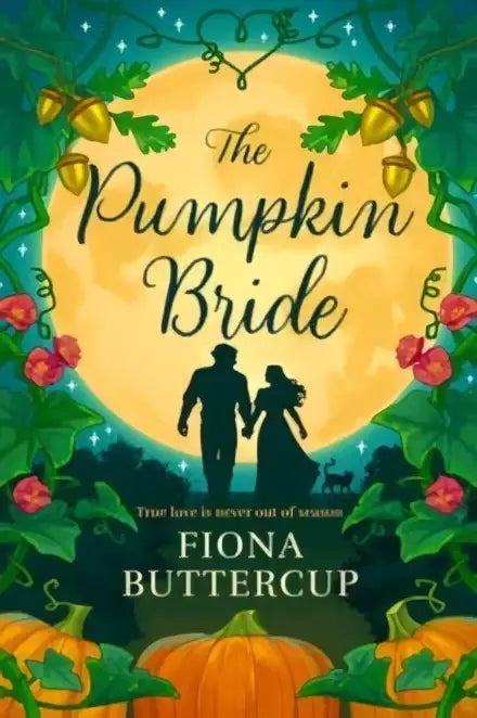 De boekcover van the pumpkin bride van fiona buttercup toont een oranje pompoenmaan met twee silhouetten eronder