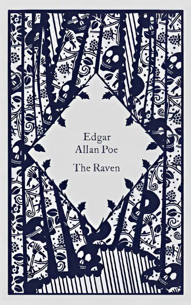 A navy blue and white gothic patterned book cover featuring skulls and vines for edgar allan poes the raven