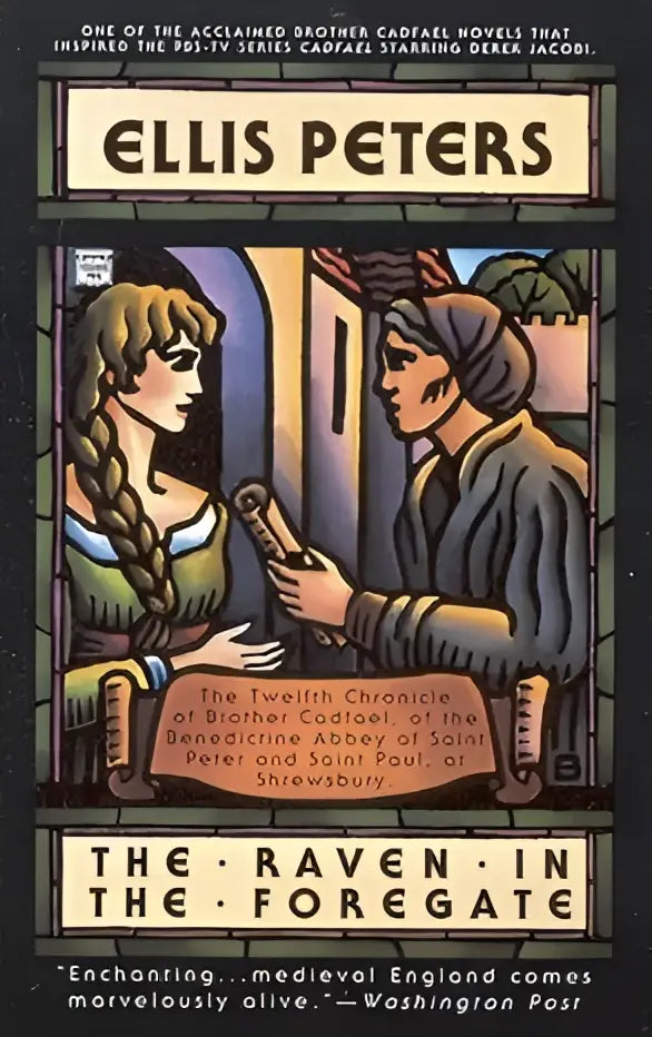 De raven in de voorpoort hardcover boek van ellis peters met geïllustreerde middeleeuwse figuren op de omslag