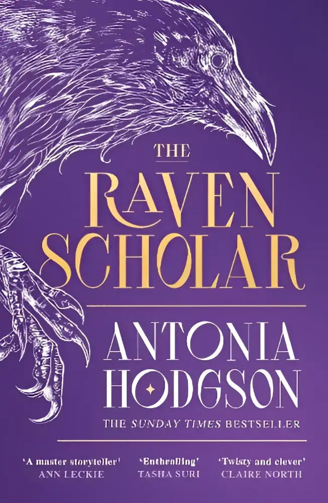 The raven scholar purple book cover with a masterfully woven black and white raven illustration for a breathtaking epic