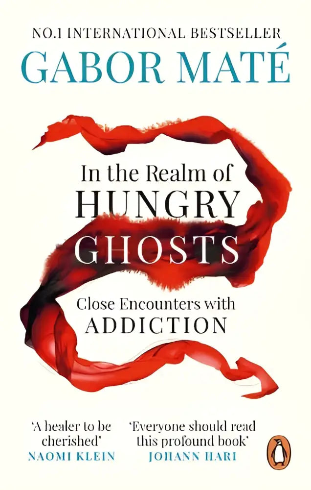De boekcover toont een wit omslag met zwarte tekst van in the realm of hungry ghosts close encounters with addiction door gabor maté