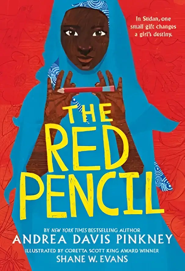 De cover van het boek The red pencil toont een meisje met een blauwe hoofddoek en een rode potloodillustratie