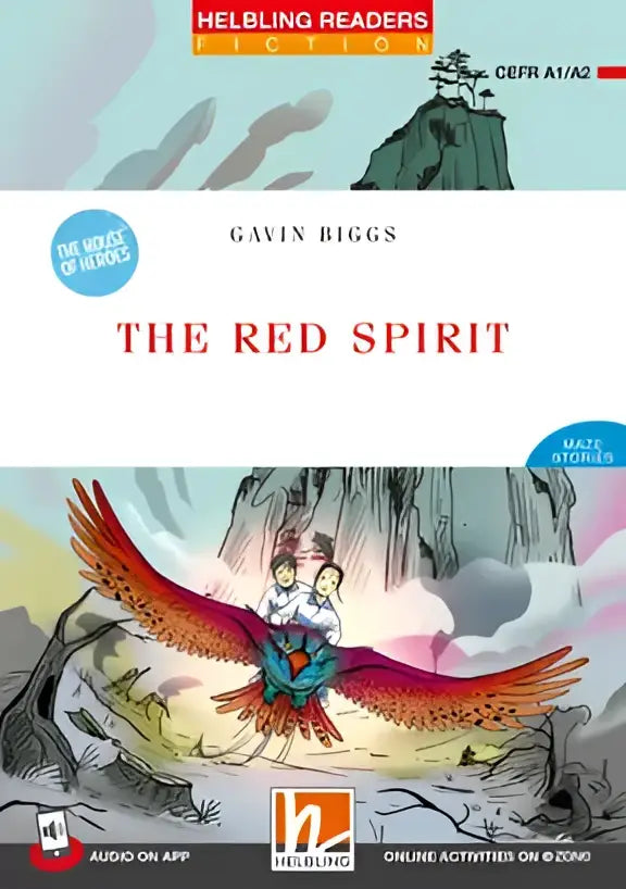 Boekomslag De rode geest van Gavin Biggs met personages op grote vogel