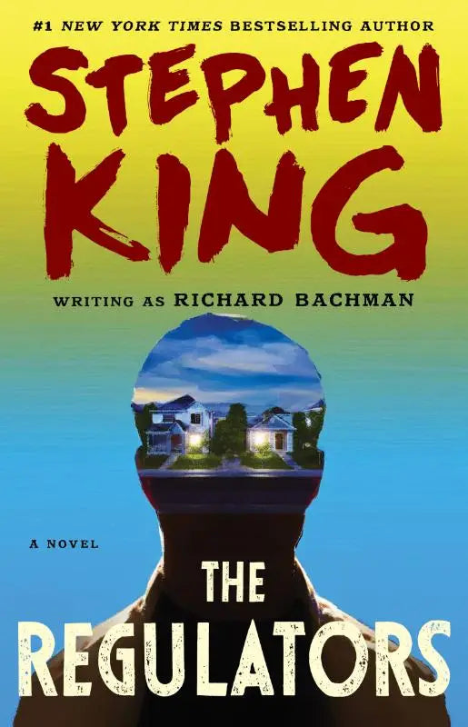 Boekcover van the regulators door stephen king met silhouet van man en huizen tegen een blauwe achtergrond