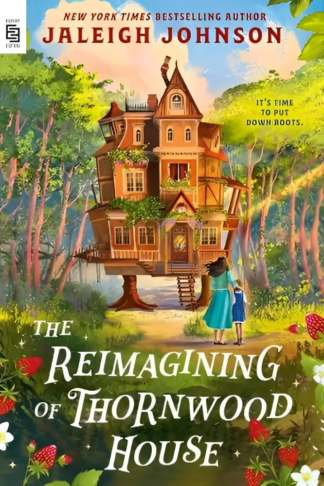 Het boek the reimagining of thornwood house toont een houten boomhuis met klimop en bloemen rondom