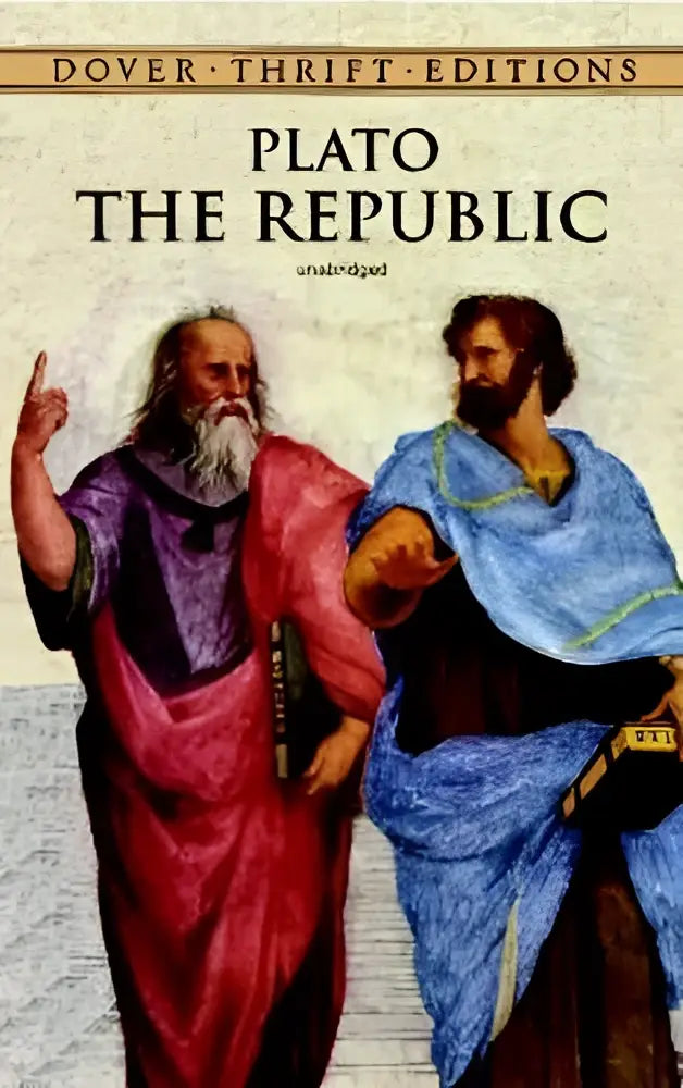 The republic by plato dover thrift editions paperback with illustrated cover of two classical figures in robes on 4th century philosophical treatise the idea
