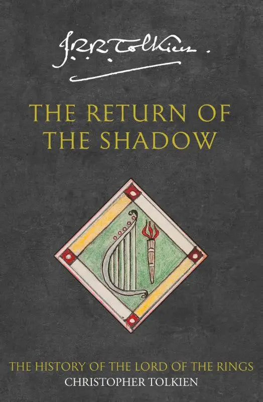 Donkergrijze boekcover van the return of the shadow met een diamanten illustratie van een harp en fakkel uit the history
