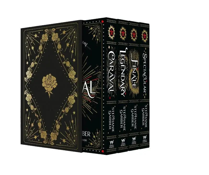 Zwart hardcover complete collection box set met goudfolie en roosontwerp the return to caraval collection box