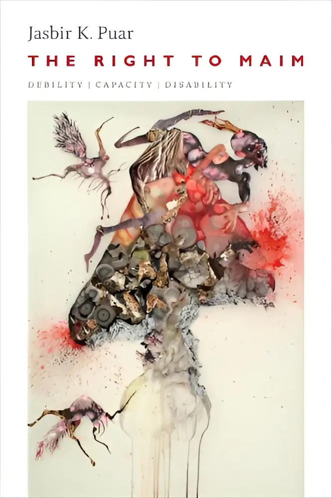 De boekcover van the right to maim toont een gemengde media kunst met rode en zwarte splash en dynamische poses