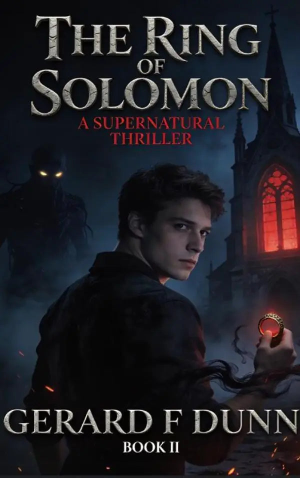 The ring of solomon book cover featuring a golden ornate ring with a glowing red center held by brother greg