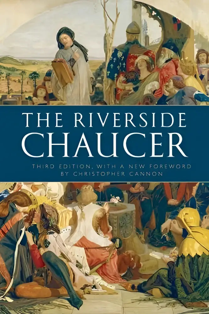 The riverside chaucer third edition book cover features vibrant medieval scenes with a new foreword by Christopher Cannon