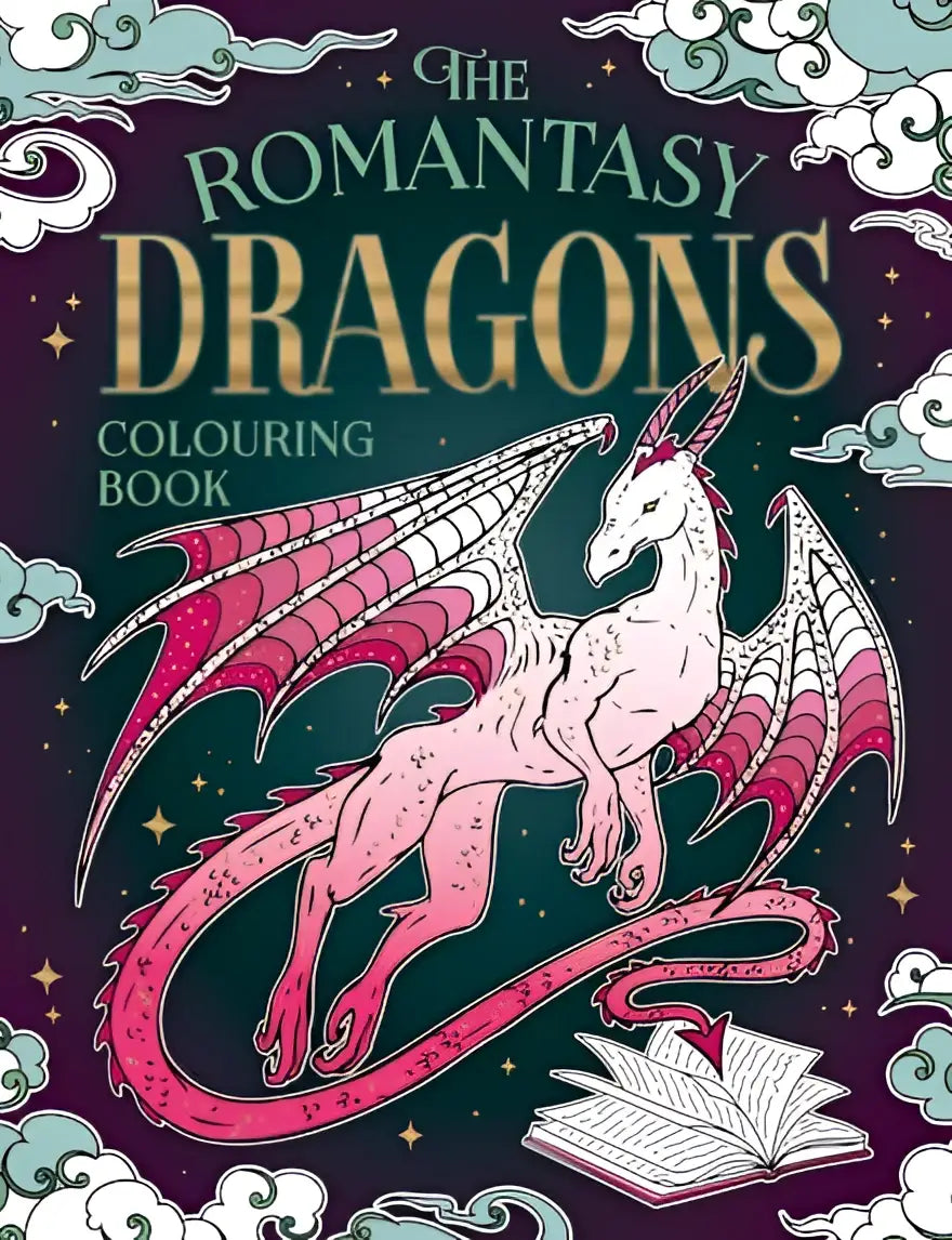 The romantasy dragons colouring book shows a whimsical pink and white dragon with detailed wings against a starry purple sky