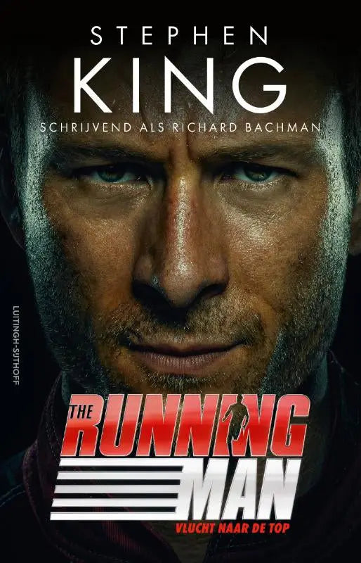 The running man boekomslag met close-up van liam neeson met intense ogen en stoppel tegen zwarte achtergrond