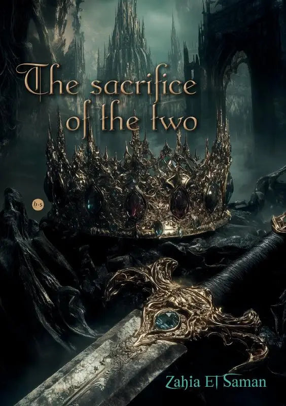 An ornate dark metallic crown with embedded gemstones rests on a weathered sword hilt from the sacrifice of the two
