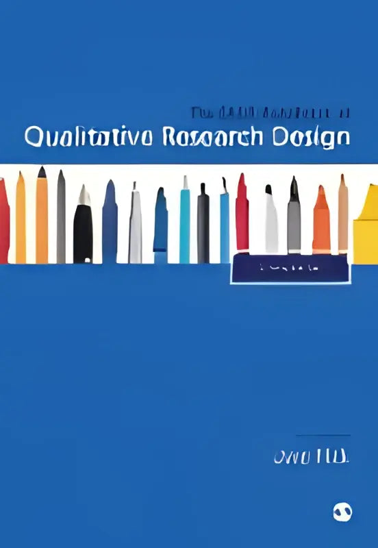Het boek The sage handbook of qualitative research design heeft een blauwe omslag met witte titel en kleurrijke potloden illustratie
