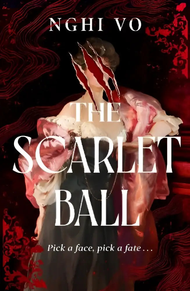 The scarlet ball boekomslag met vrouw in een rijke bloedrode en zwarte jurk met fijn kanten detail