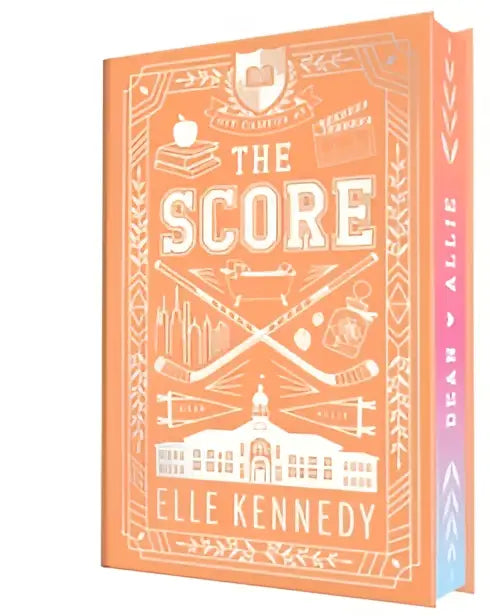 Oranje hardcover boek the score collector’s edition van elle kennedy met witte lijntekening op de omslag