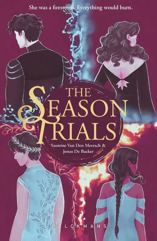 The season trials boekomslag met vier figuren in donker en licht tegen een vurige, mystieke achtergrond