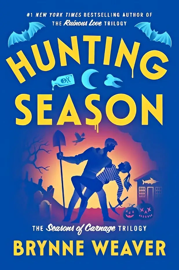 Blauwe hardcover boekcover van hunting season met gespannen silhouetten en halloween thema perfect voor harvest season en persoonlijke groei