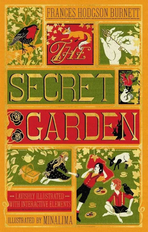 The secret garden boekomslag met een levendig geel en groen ontwerp en illustraties van dieren, kinderen en tuinscènes