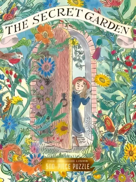 The secret garden jigsaw puzzle features a vibrant illustration of a girl at an arched doorway surrounded by flowers and butterflies