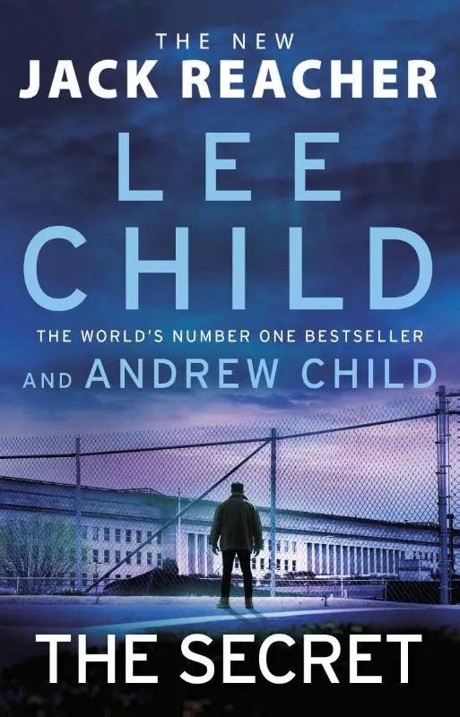 The secret jack reacher hardcover book by lee child and andrew child with moody blue cover and lone figure