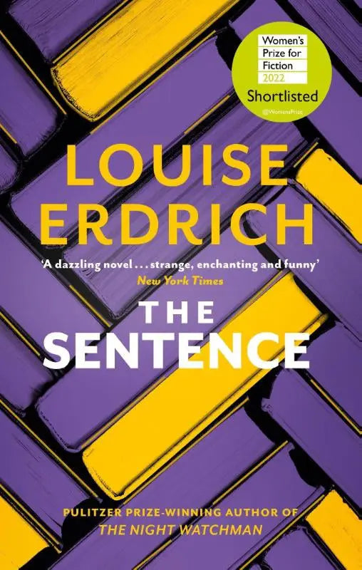 Boekcover in paarse en gele geometrische patronen voor louise erdrichs the sentence, shortlisted for the women’s prize for fiction 2022