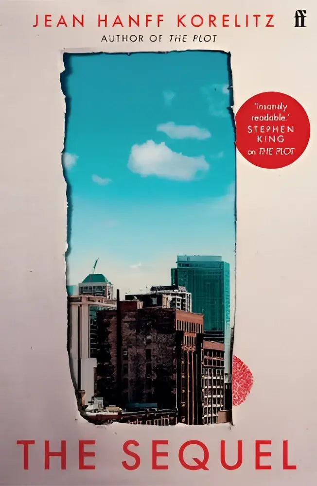 The sequel by jean hanff korelitz book cover showing new york skyline through torn-paper frame on pale background
