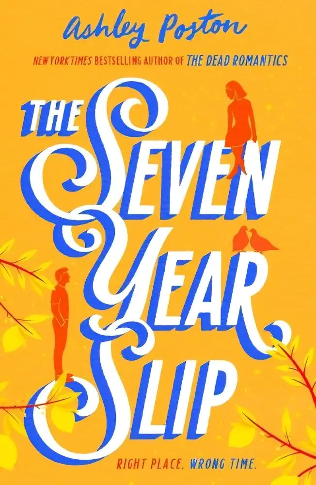 Het boek the seven year slip heeft een gele kaft met blauwe, gestileerde letters en silhouetten van figuren en vogels