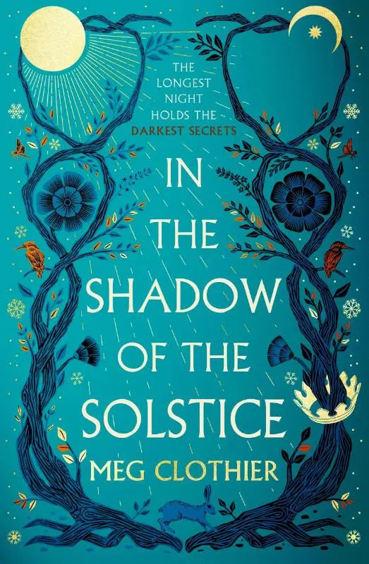 De boekcover van in the shadow of the solstice toont donkere blauwe takken rondom een teal achtergrond met celestial thema’s