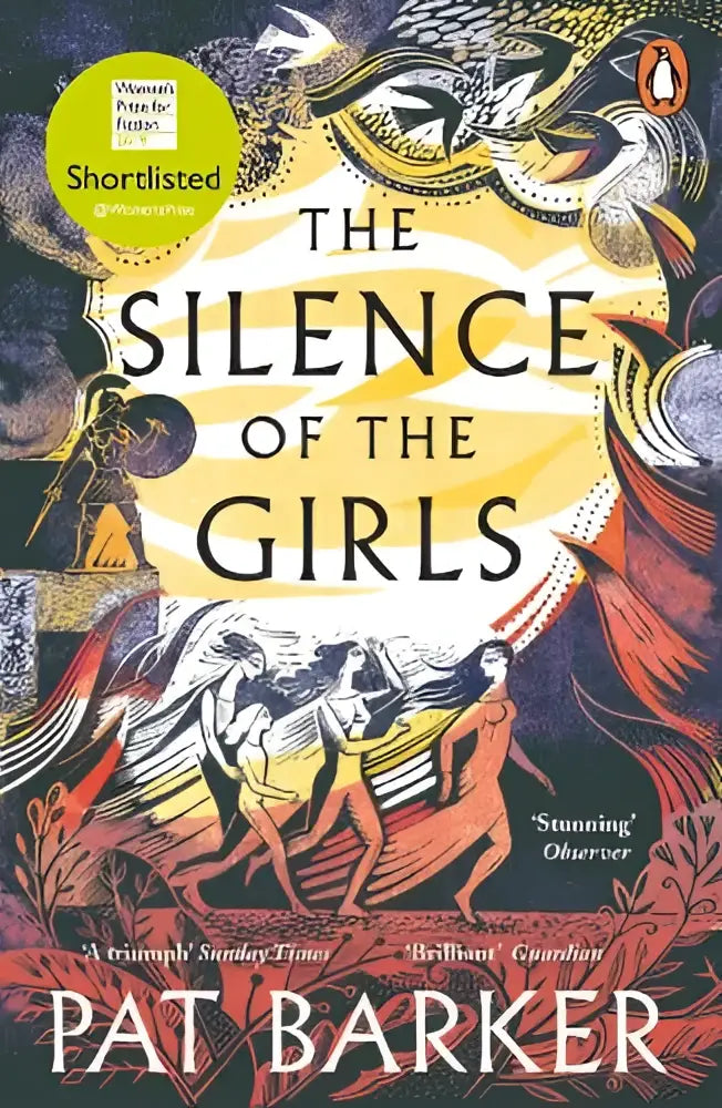 De cover van the silence of the girls door pat barker met gedetailleerde illustraties in rood, geel en zwart