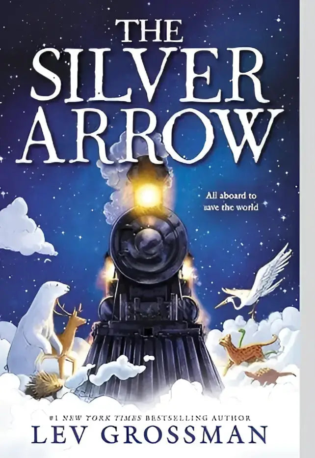 Het boek The silver arrow toont een zwart stoomlocomotief met gele lichten en wilde dieren tegen een sterrenhemel