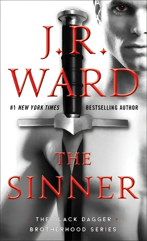 The sinner book cover showing a black dagger with an ornate silver hilt against a grayscale background
