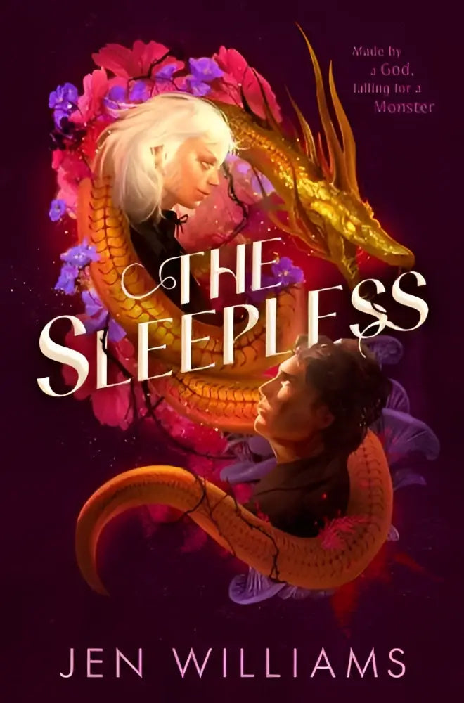 Cover van the sleepless door jen williams met een gouden draak en paarse accenten rond twee menselijke figuren voor jonge lezers