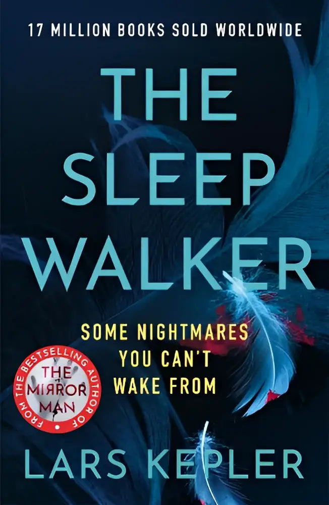 The sleepwalker book cover features a dark blue background with teal text and white feathers for detective joona linna