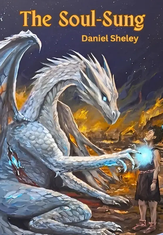 The soul-sung by daniel sheley features a majestic white dragon with glowing blue eyes in front of an inferno by ashwake press