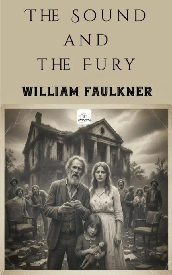 Sepia toned book cover of the sound and the fury by william faulkner showing a family before a dilapidated mansion under stormy skies